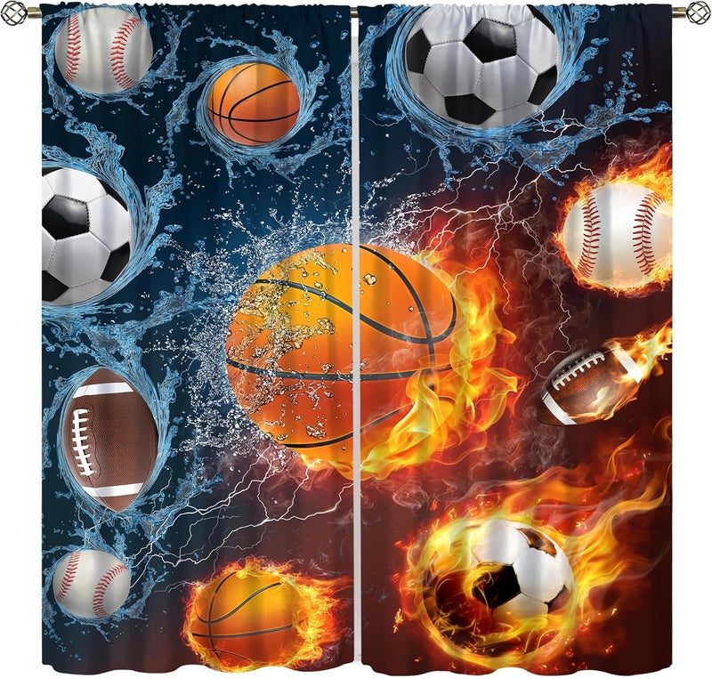 YCness Boys Sports Kids Curtains for Bedroom, Fire Basketball Football Soccer 3D Ball Window Treatments for Living Room,Teen Boys Girls Room Decor Drapes 2 Panel Sets,42x54 Inch - Image 1